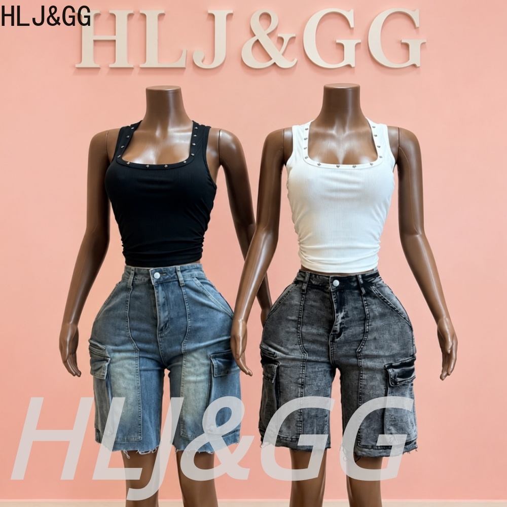 Women Fashion Jeans Top - HLJ&GG Fashion Denim Pocket Straight Shorts