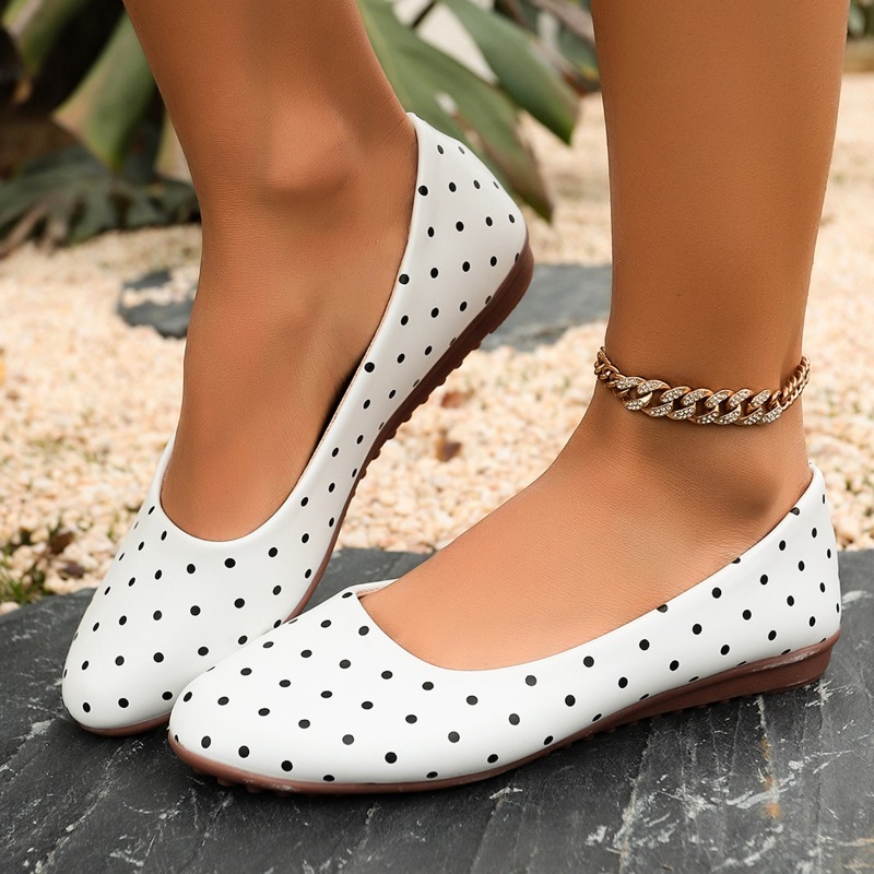 Women'S Fashion Walking Shoes - Dames Witte Polka Dot Flats Ronde