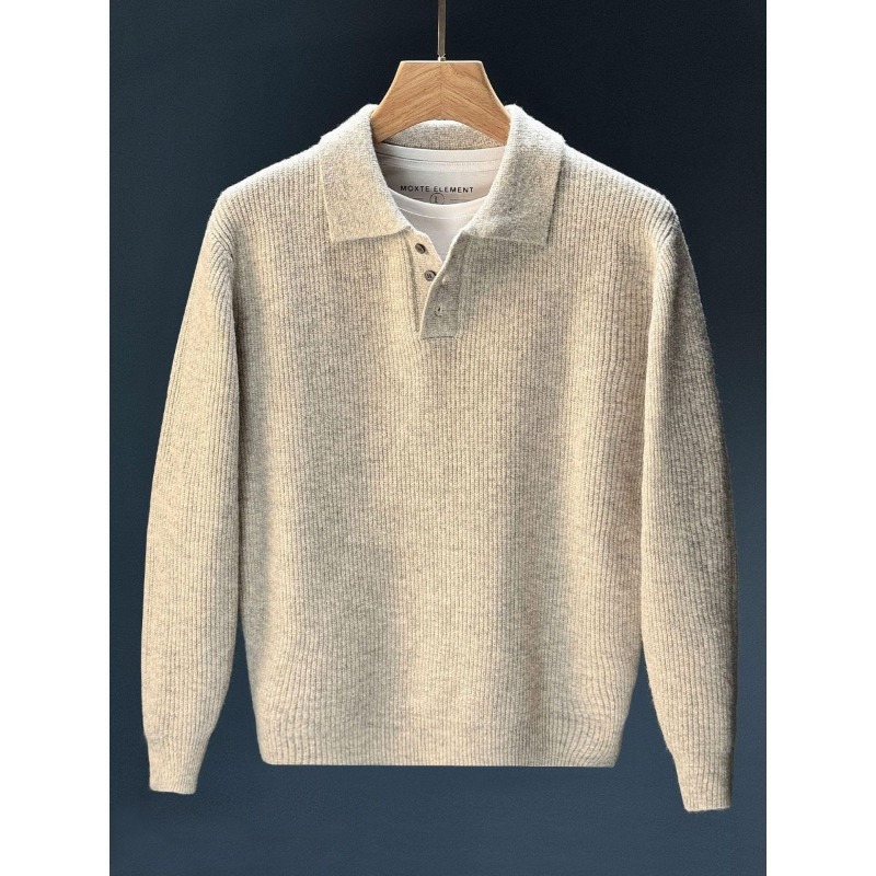 Ribbed Knit Sweater - Heren polokraag halfgeknoopte gebreide trui met
