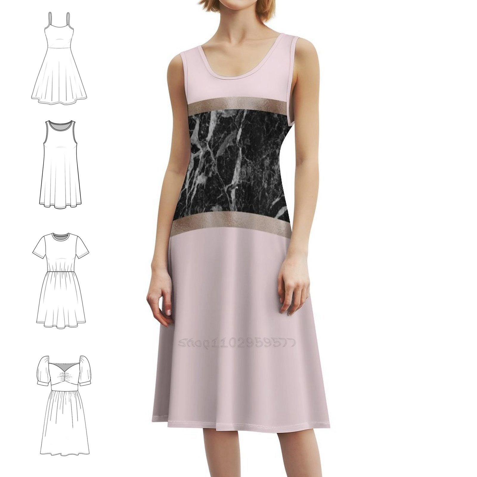 Women Fashion Gown - Aardbeien en crème-zwart marmer en roségoud