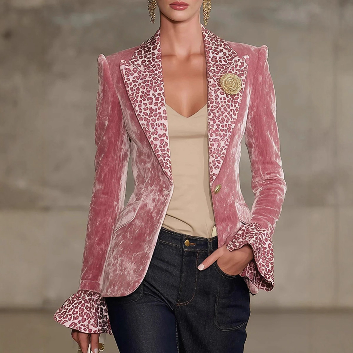 Velvet Blazer Women - Vrouwen Fluwelen Blazer Luipaardprint Revers Manchet