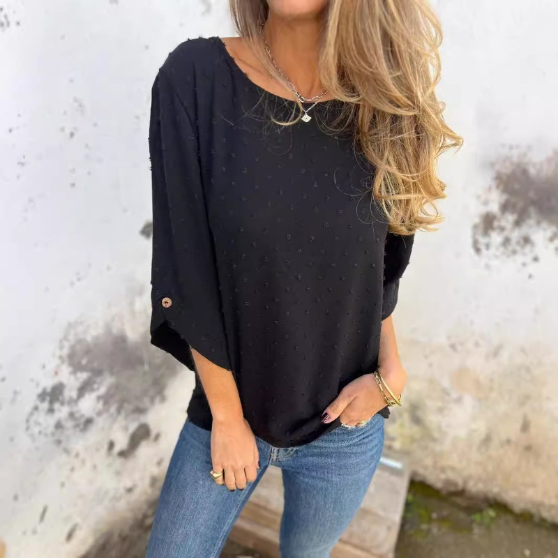 Women Fashion Blouse - Dames Swiss Dot Jacquard Blouse O-hals