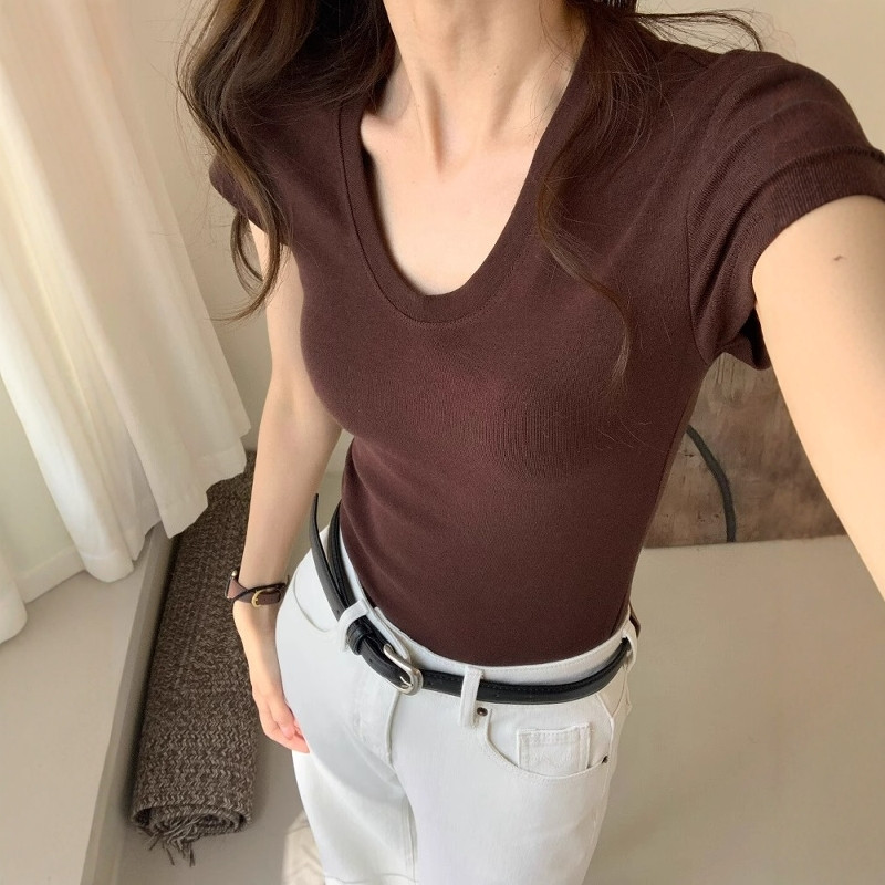 Women Fashion Blouse - U-hals schouder T-shirt met korte mouwen