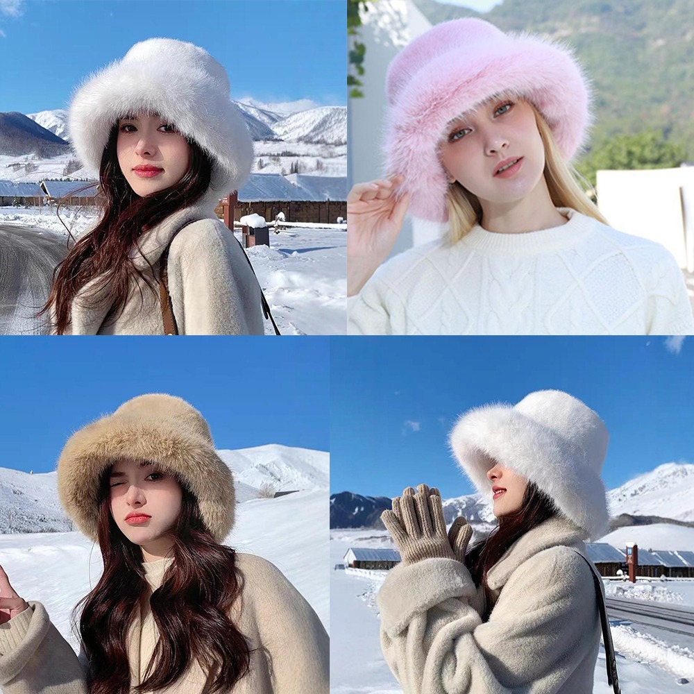 Bucket Hat Women - Nieuwe warme pluizige bont-emmerhoed koude sneeuwige