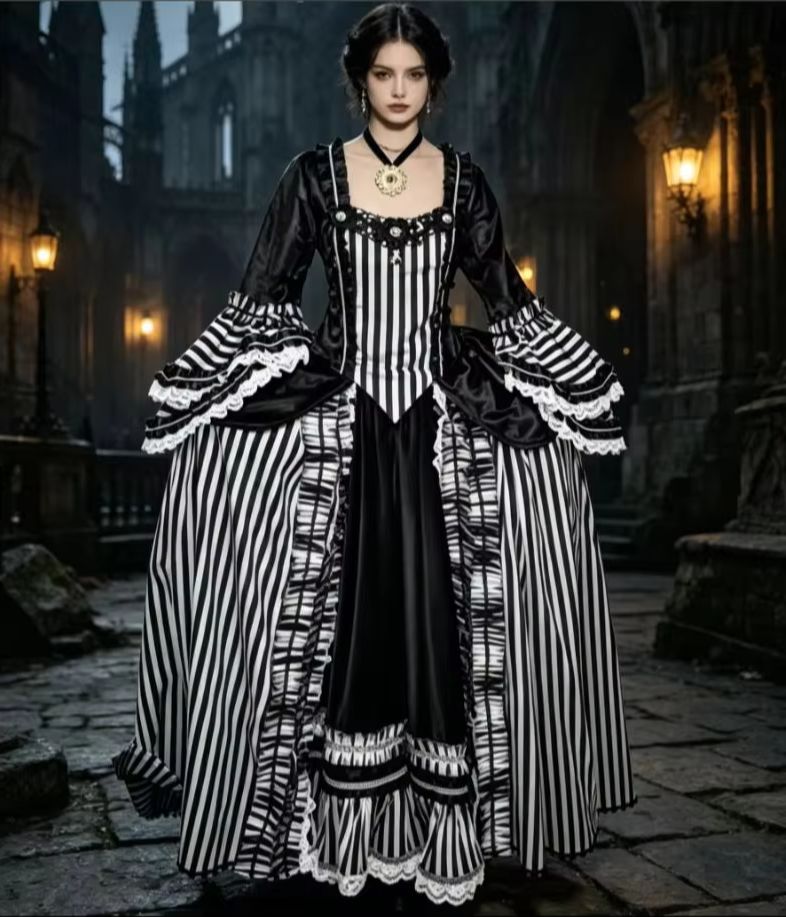 Women Fashion Gown - 1700's Rococo zwart-wit gestreept jurkkostuum Rococo