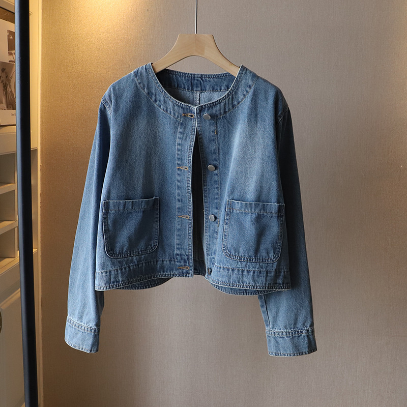 Women Fashion Jeans Top - Mode O-hals Denim Jas Dames Korte