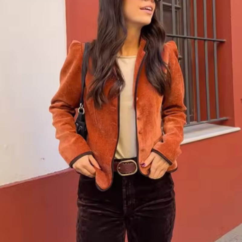 Velvet Blazer Women - Opstaande kraag, contrasterende bies, fluwelen blazer,