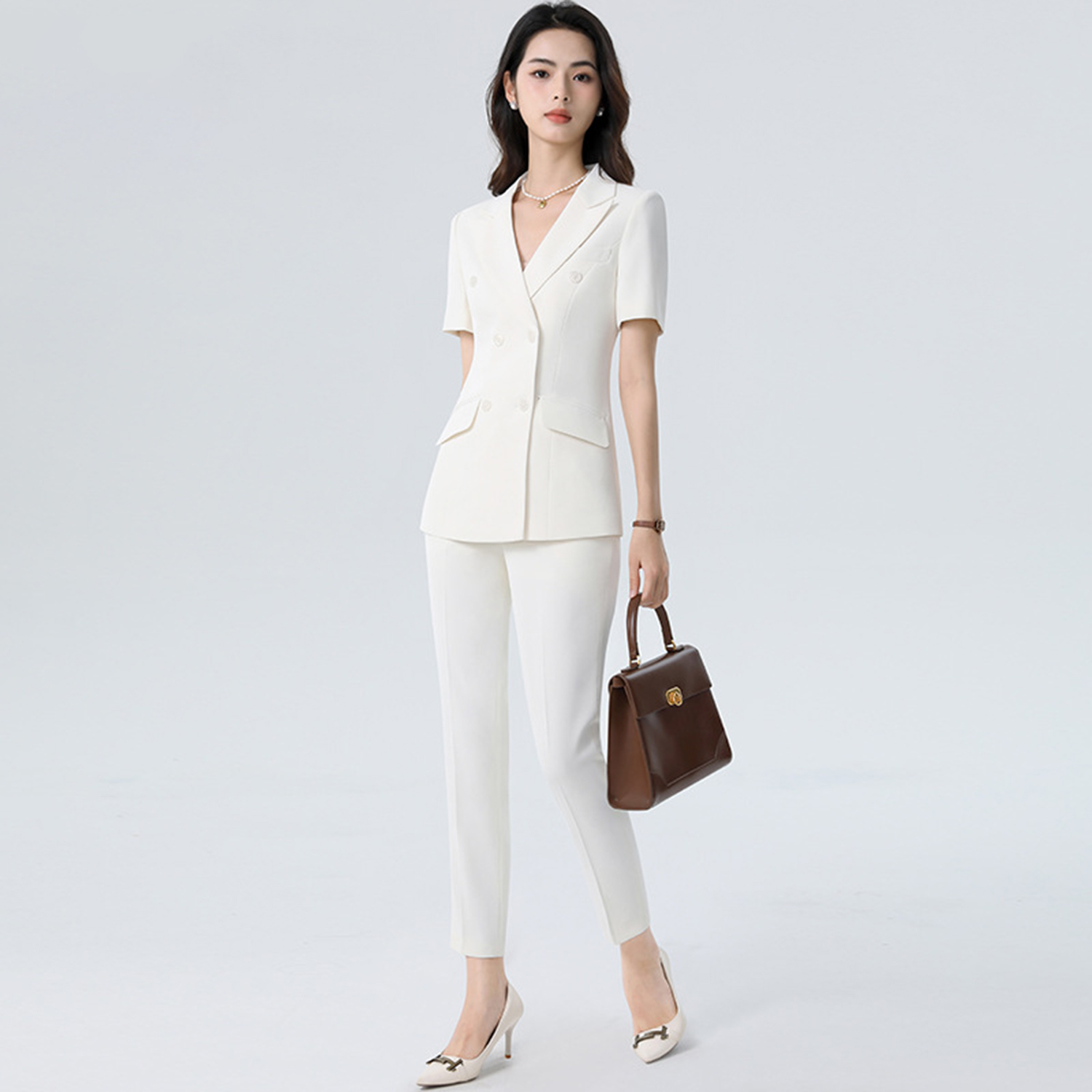 Women'S Fashion Blazer - Allingentle Wit Damespak Slim Fit Broekpak