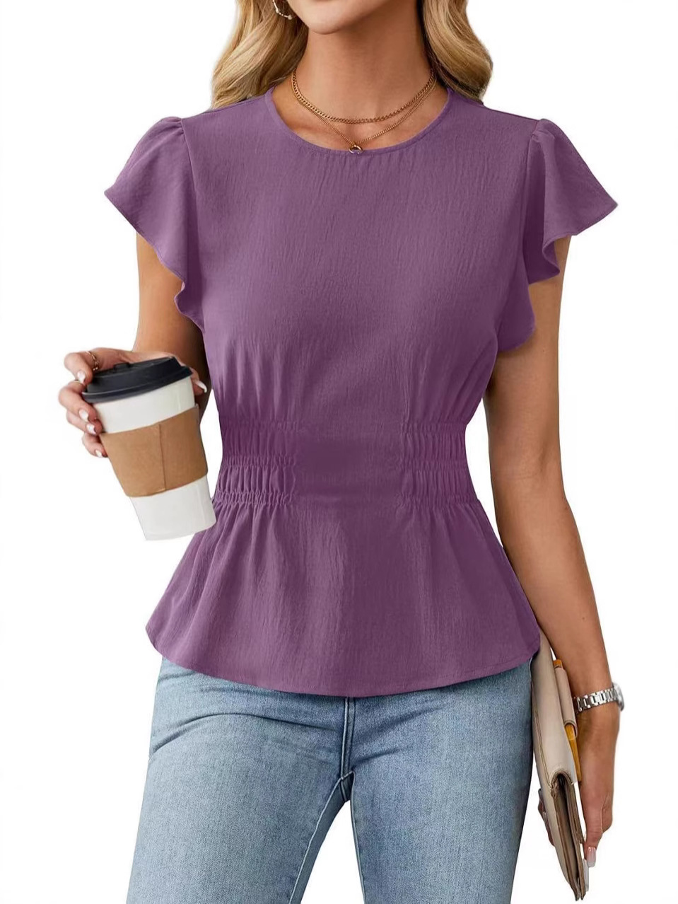 Women Fashion Blouse - Damesblouse met korte mouwen, ronde hals,