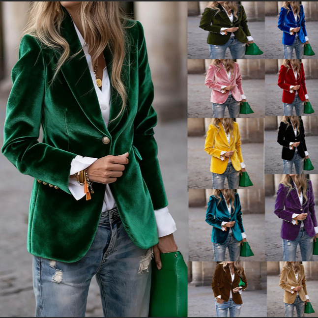 Velvet Blazer Women - Dames fluwelen blazer revers enkelknoops jasje