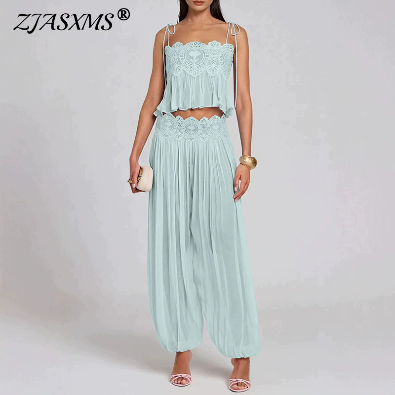 Tie Dye Two Piece - Boho kant-trim 2-delige outfit spaghettibandje crop