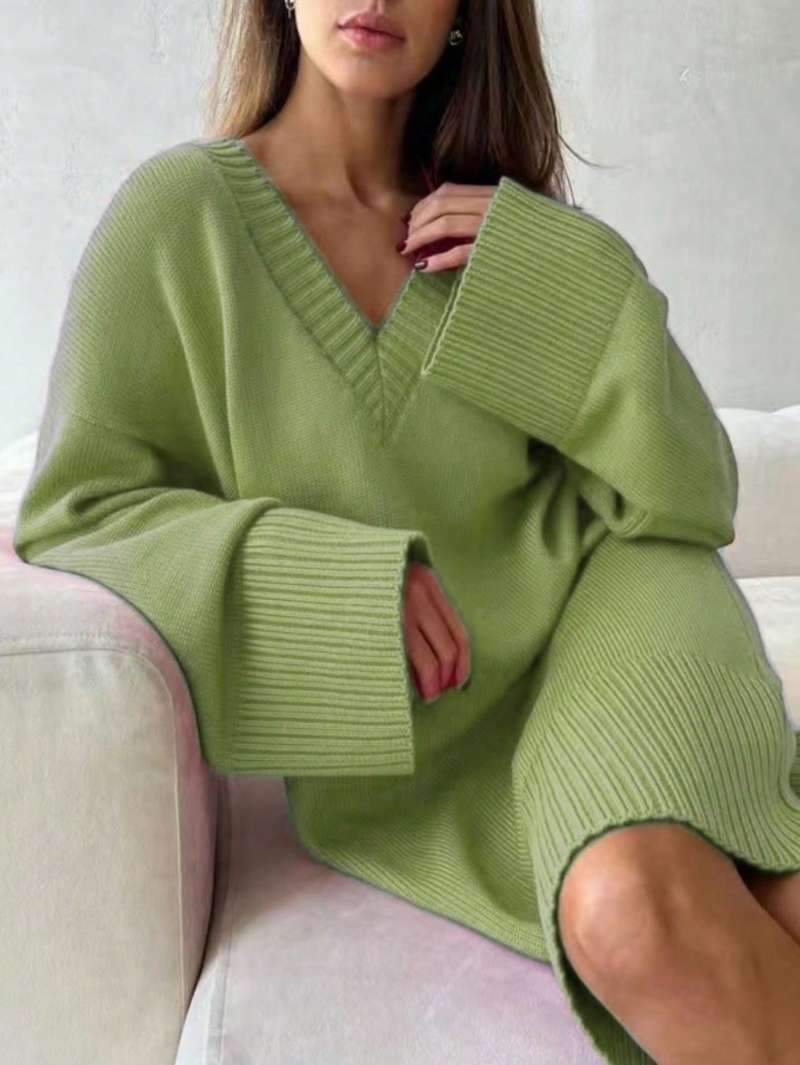 Ribbed Knit Sweater - Plus Size Dames Jurk in Effen