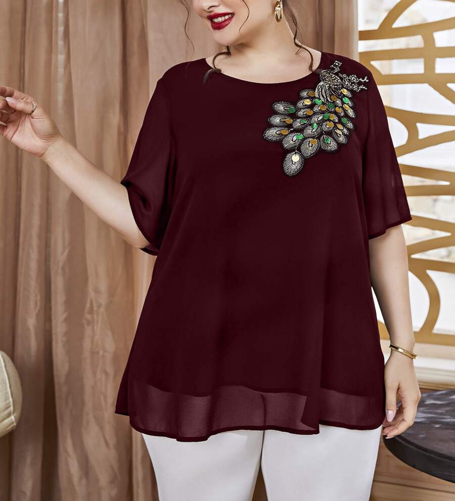 Grote maten geborduurde pauwto - Women'S Fashion Essentials recensie en prijs