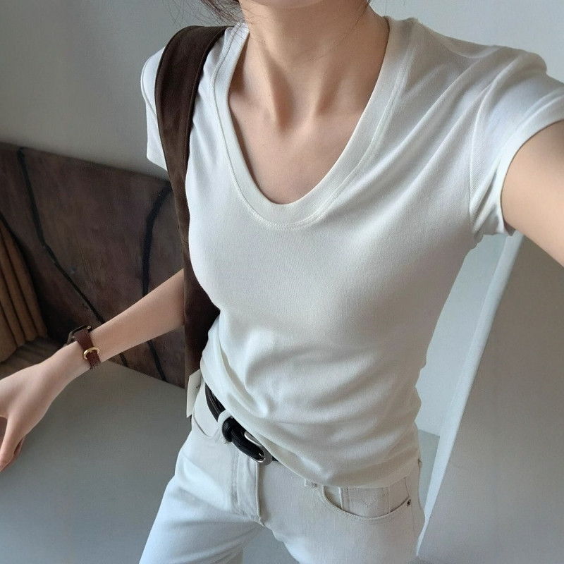 U-hals schouder T-shirt met ko - Women Fashion Blouse recensie en prijs